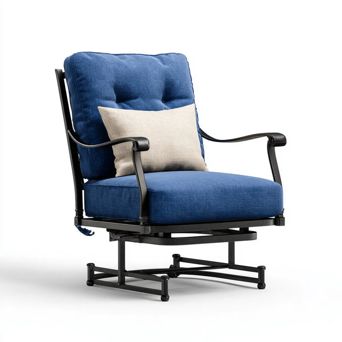 Poltrona a dondolo girevole blu con cuscino beige in acciaio e poliestere 76 x 84 x 102 cm