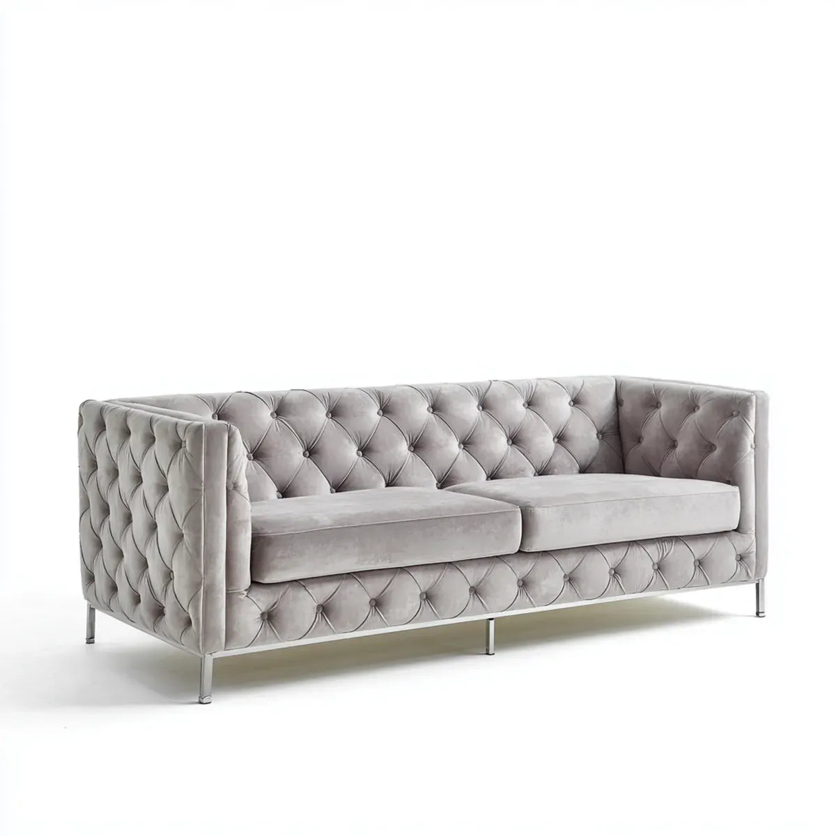 Divano 3 posti grigio in velluto di poliestere trapuntato rettangolare 220 x 90 x 75 cm