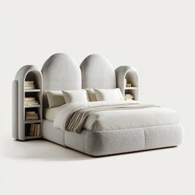 Letto matrimoniale imbottito beige 180 x 200 cm in poliestere bouclé con testiera sagomata e librerie laterali