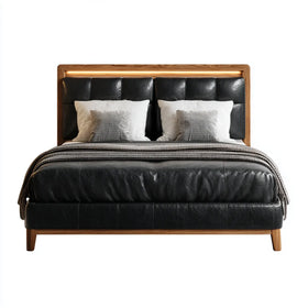 Letto matrimoniale nero e noce 160 x 200 cm in pelle PU con testiera rettangolare imbottita e luce LED