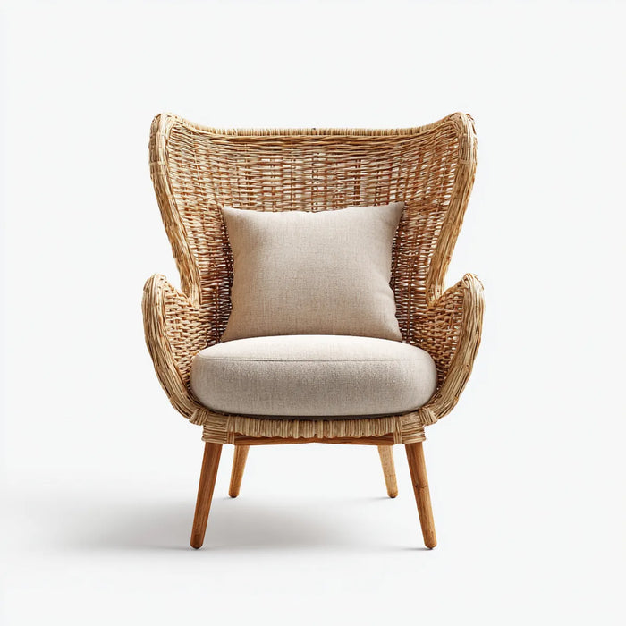 Poltrona da soggiorno beige in rattan naturale con cuscini 76 x 85 x 120 cm schienale alto avvolgente