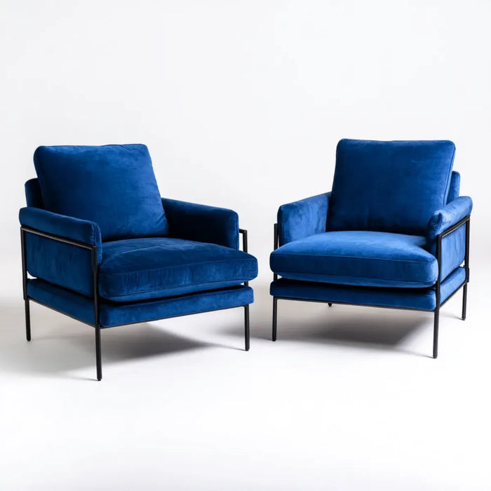 Set di 2 Poltrone da Soggiorno Blu in Velluto di Poliestere con Struttura in Acciaio Sagoma Squadrata 78 x 82 x 82 cm