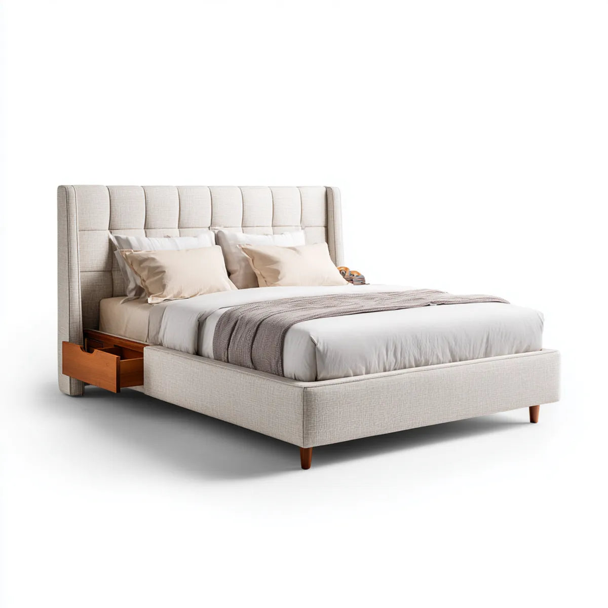 Letto matrimoniale beige 160 x 200 cm imbottito con cassetti laterali rettangolare