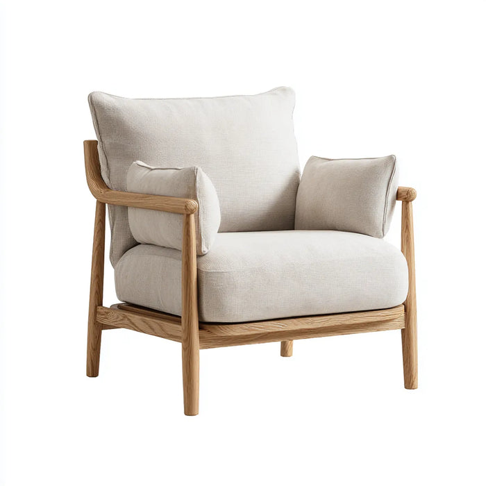 Poltrona da soggiorno beige con struttura in rovere massello e rivestimento in poliestere 78 x 85 x 88 cm